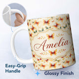 Personalized Custom Name Colorful Butterfly Soft Pastel Background Seamless Pattern Lovely 11oz Ceramic Coffee Tea Mug White Large Handle
