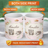 Personalized Custom Name Cute Woodland Hedgehog Mushrooms Leaves Seamless Pattern Soft Blush 11oz Ceramic Coffee Tea Mug White Large Handle