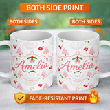 Personalized Custom Name Cute Winter Bird Santa Hat Candy Cane Holly Seamless Pattern Lovely 11oz Ceramic Coffee Tea Mug White Large Handle