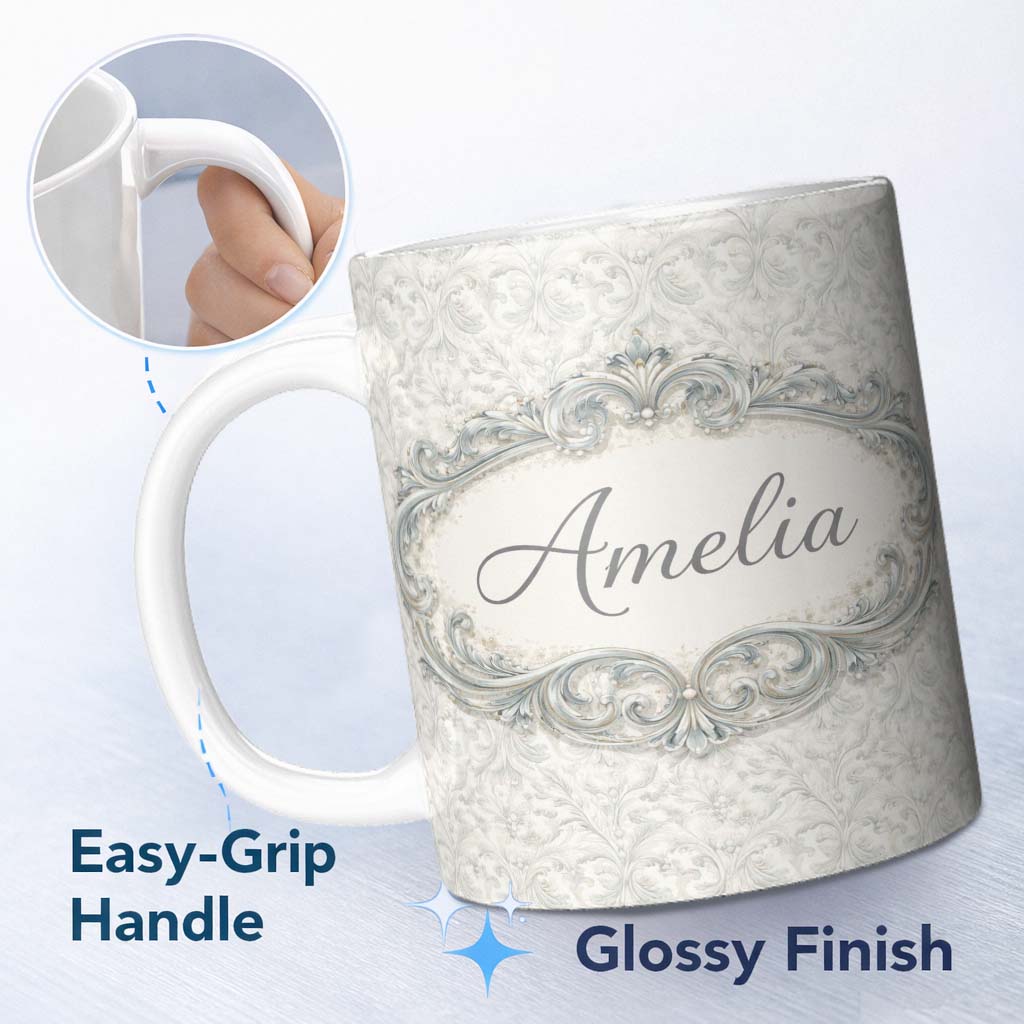 Personalized Custom Name Soft Sage Green Damask Seamless Pattern Vintage Elegant Ornamental 11oz Ceramic Coffee Tea Mug White Large Handle
