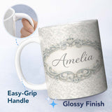 Personalized Custom Name Soft Sage Green Damask Seamless Pattern Vintage Elegant Ornamental 11oz Ceramic Coffee Tea Mug White Large Handle