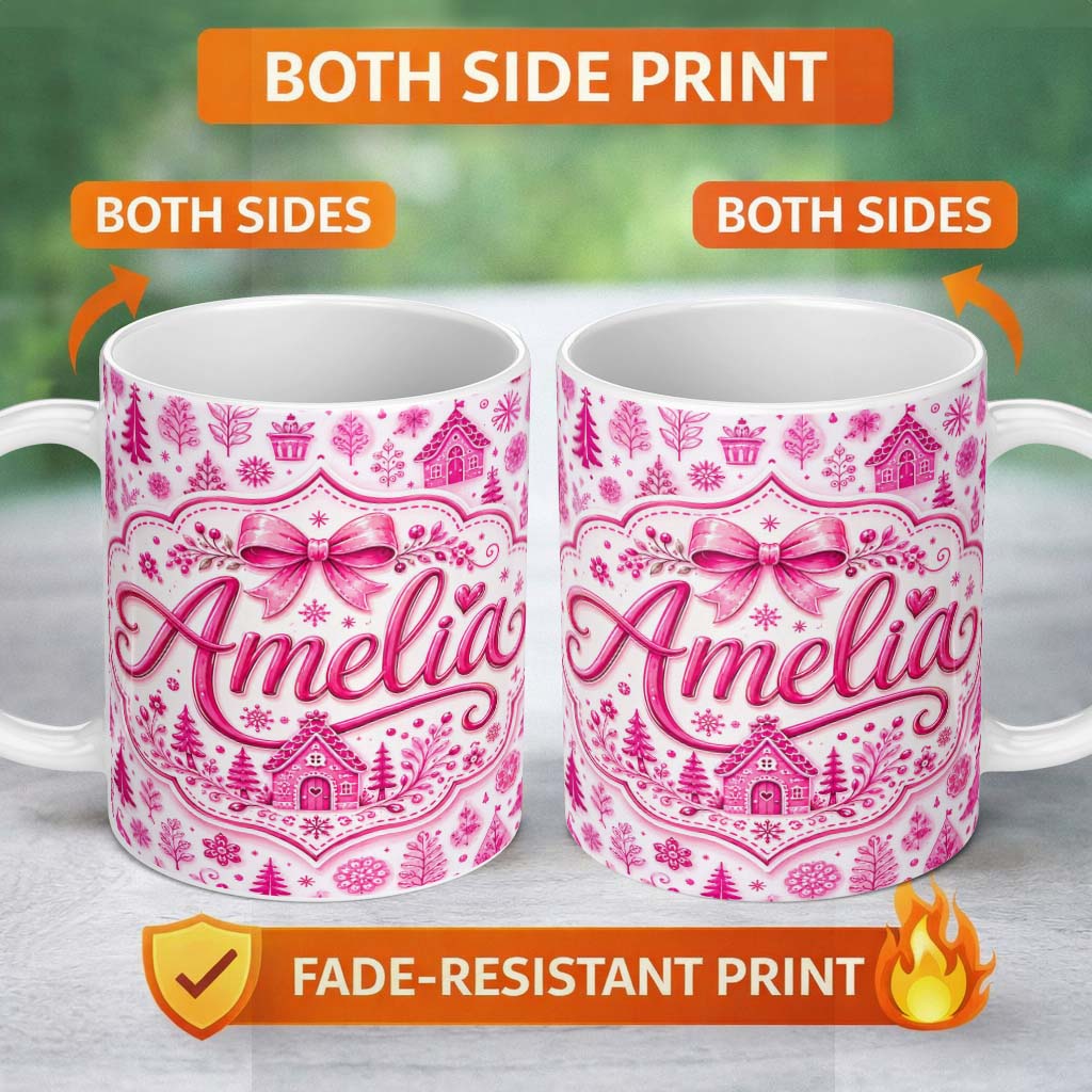 Personalized Custom Name Cute Pink Christmas Icon Doodle Holiday Seamless Pattern Lovely 11oz Ceramic Coffee Tea Mug White Large Handle
