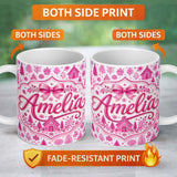 Personalized Custom Name Cute Pink Christmas Icon Doodle Holiday Seamless Pattern Lovely 11oz Ceramic Coffee Tea Mug White Large Handle