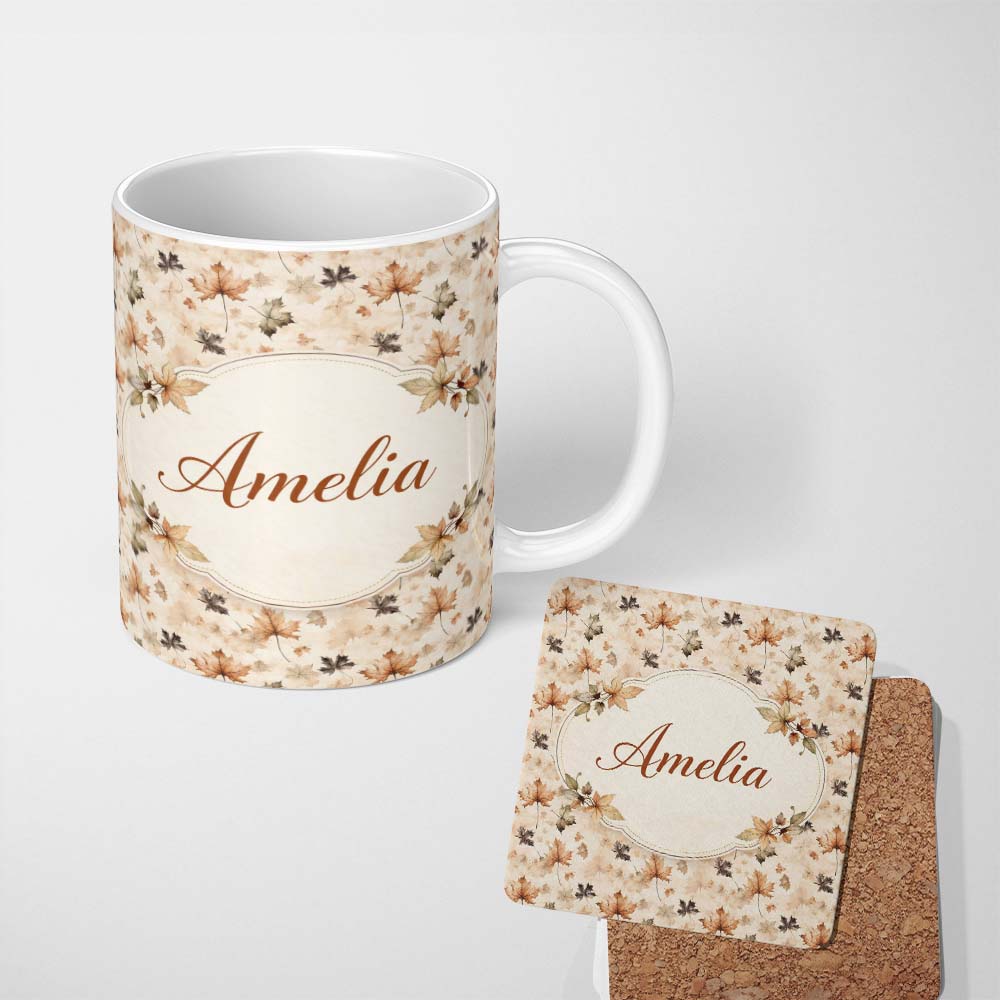 Personalized Custom Name Vintage Style Autumn Leaves in Muted Brown and Taupe Tones on Cream 11oz Ceramic Coffee Tea Mug White Large Handle