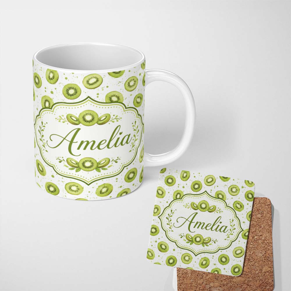 Personalized Custom Name Watercolor Kiwi Slice Scatter Seamless Fruit Pattern on White Lovely 11oz Ceramic Coffee Tea Mug White Large Handle