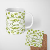 Personalized Custom Name Watercolor Kiwi Slice Scatter Seamless Fruit Pattern on White Lovely 11oz Ceramic Coffee Tea Mug White Large Handle
