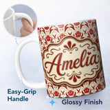 Personalized Custom Name Vintage Red Tulip Floral Symmetrical Pattern Seamless Pattern Lovely 11oz Ceramic Coffee Tea Mug White Large Handle