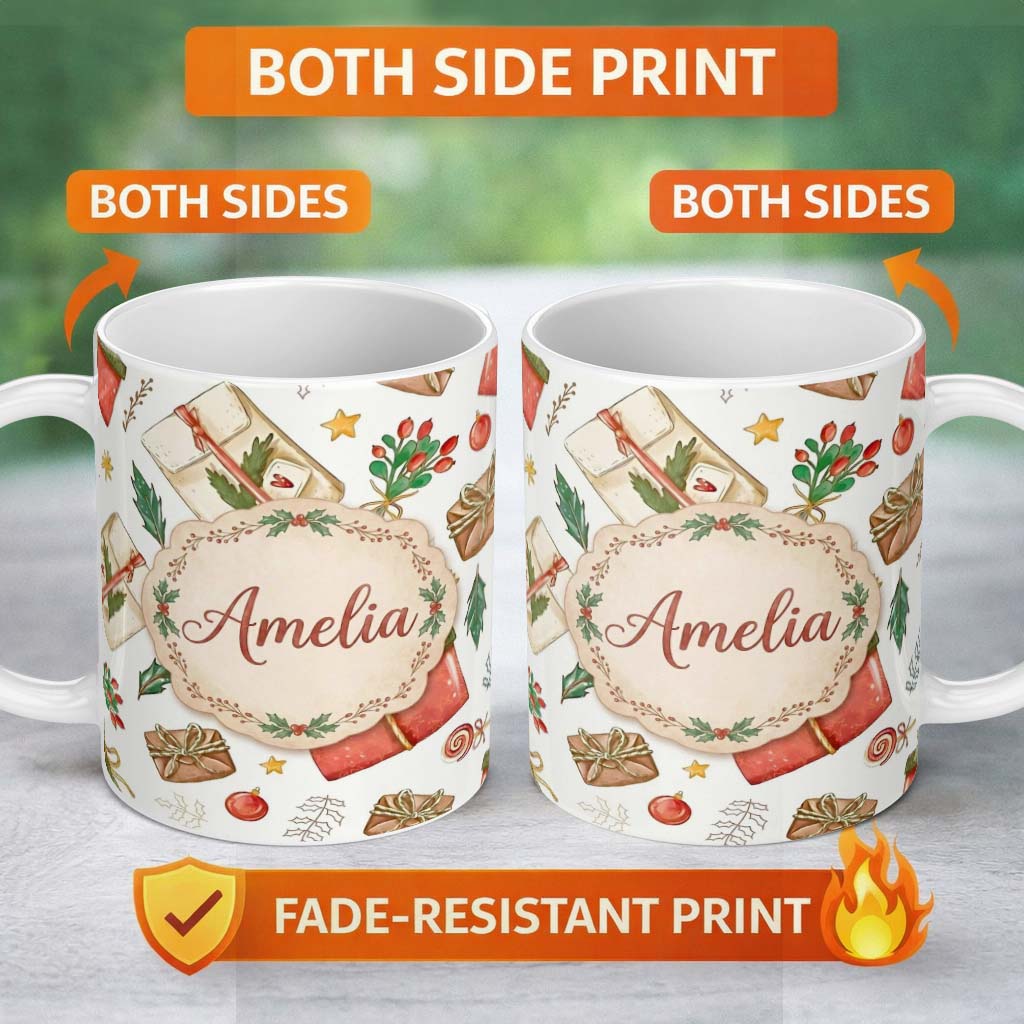 Personalized Custom Name Festive Gift Boxes Candy Stars Christmas Holiday Seamless Pattern 11oz Ceramic Coffee Tea Mug White Large Handle