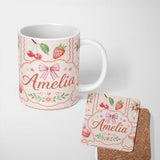 Personalized Custom Name Cute Watercolor Cherry Strawberry Bow Macaron Dessert Frame Cream 11oz Ceramic Coffee Tea Mug White Large Handle
