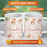 Personalized Custom Name Woodland Deer Fox Squirrel with Trees Mushrooms Soft Pink Seamless 11oz Ceramic Coffee Tea Mug White Large Handle