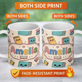 Personalized Custom Name Cute Kawaii Books and Study Elements Learning Seamless Pattern 11oz Ceramic Coffee Tea Mug White Large Handle