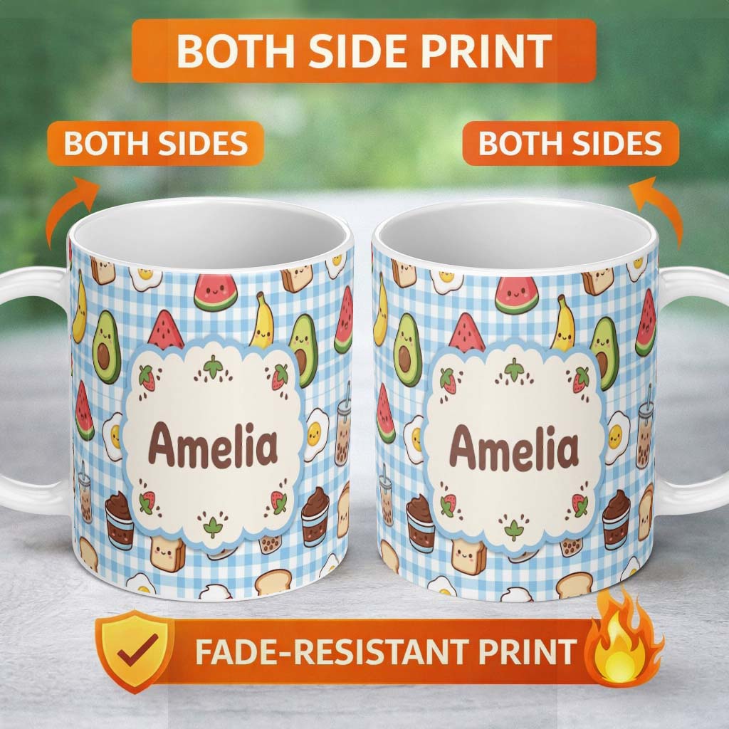 Personalized Custom Name Cute Kawaii Food Collage Pattern Sweet Treats And Drinks Lovely 11oz Ceramic Coffee Tea Mug White Large Handle