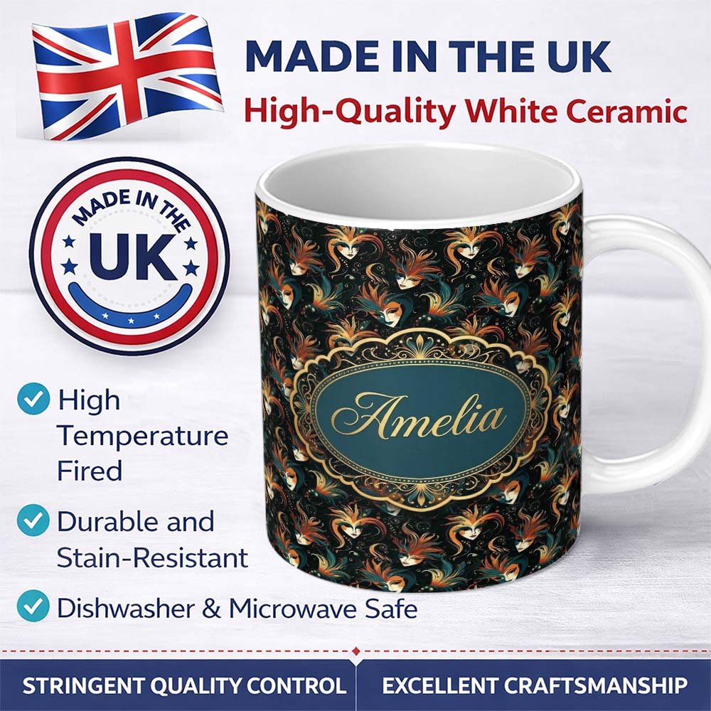 Personalized Custom Name Stylised Fantasy Mask Pattern with Flowing Hair in Warm Orange and 11oz Ceramic Coffee Tea Mug White Large Handle