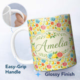 Personalized Custom Name Bright Watercolor Citrus Slice and Tropical Fruit Seamless Pattern 11oz Ceramic Coffee Tea Mug White Large Handle