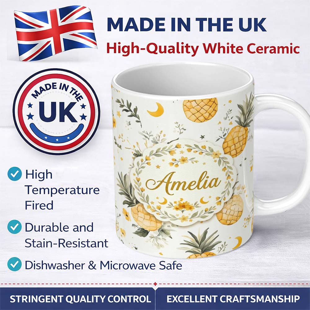Personalized Custom Name Watercolor Pineapples with Soft Floral Botanical Pattern Seamless 11oz Ceramic Coffee Tea Mug White Large Handle