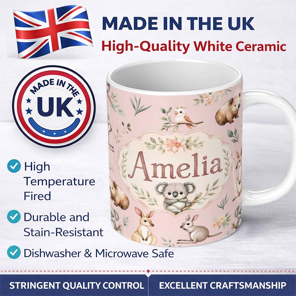 Personalized Custom Name Woodland Animals Koala Kangaroo Bear Floral Blush Pink Seamless 11oz Ceramic Coffee Tea Mug White Large Handle
