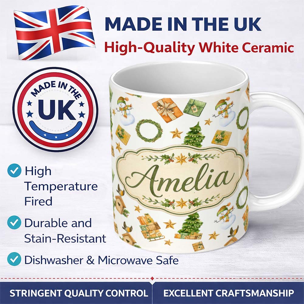Personalized Custom Name Cute Snowman Gifts Christmas Tree Wreath Robin Seamless Pattern 11oz Ceramic Coffee Tea Mug White Large Handle