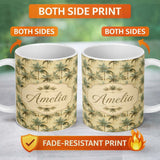 Personalized Custom Name Muted Coastal Palm Tree Pattern in Soft Green and Beige Tones Lovely 11oz Ceramic Coffee Tea Mug White Large Handle