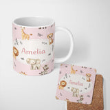 Personalized Custom Name Cute Baby Safari Animals Giraffe Lion Elephant Leopard Blush Pink 11oz Ceramic Coffee Tea Mug White Large Handle