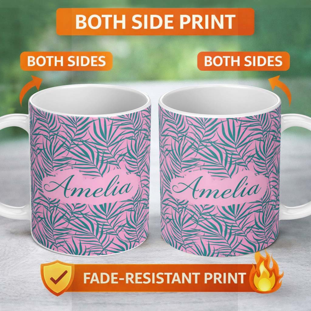 Personalized Custom Name Bold Tropical Leaves Pink Green Abstract Seamless Pattern Lovely 11oz Ceramic Coffee Tea Mug White Large Handle