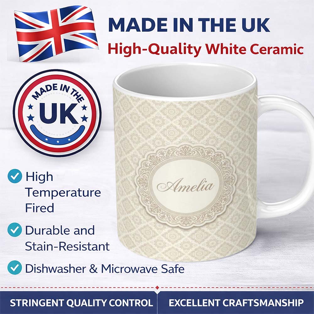 Personalized Custom Name Elegant Beige Damask Floral Classic Seamless Pattern Lovely 11oz Ceramic Coffee Tea Mug White Large Handle