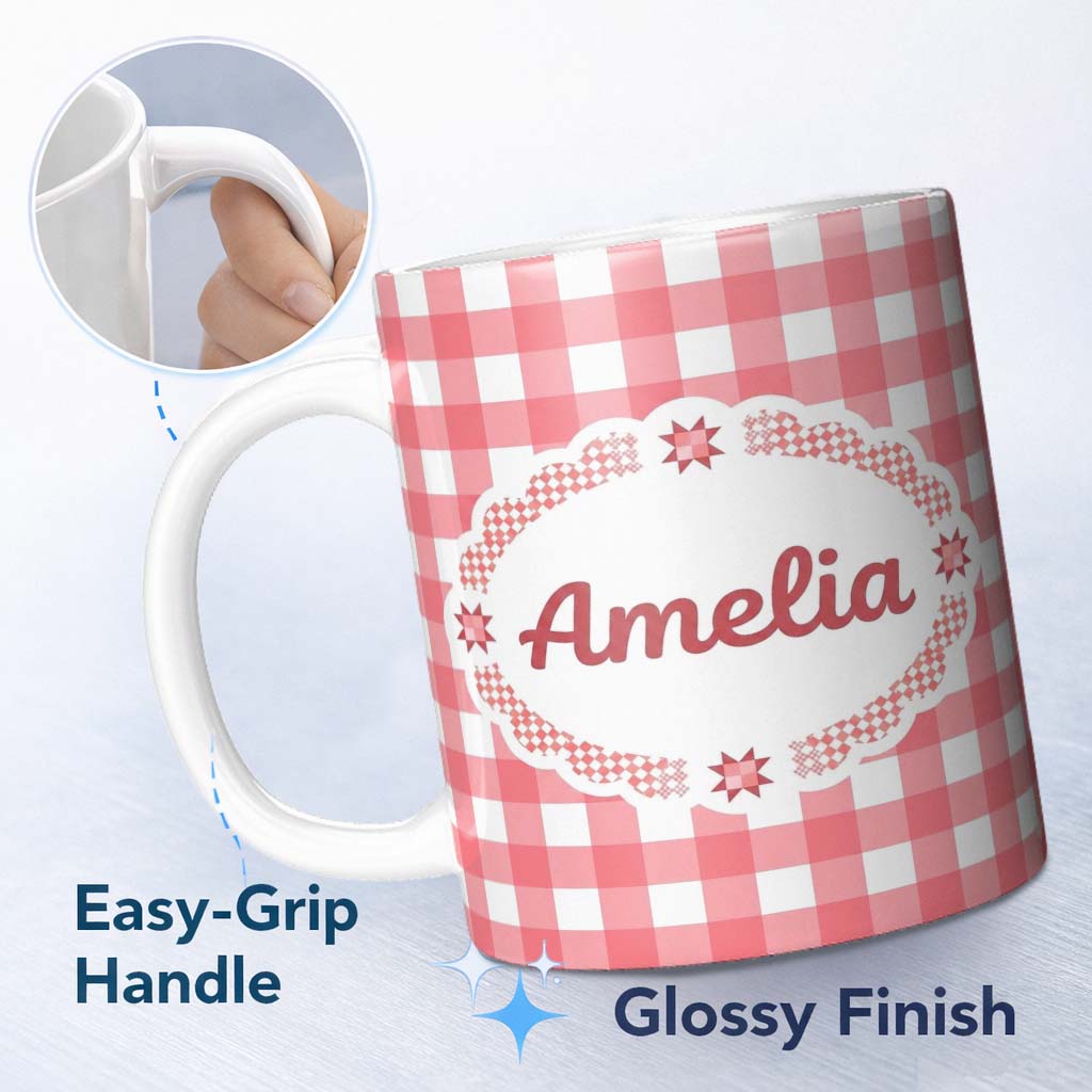 Personalized Custom Name Red And White Gingham Check Seamless Pattern Classic Lovely 11oz Ceramic Coffee Tea Mug White Large Handle