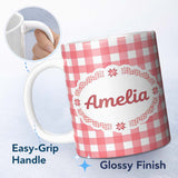 Personalized Custom Name Red And White Gingham Check Seamless Pattern Classic Lovely 11oz Ceramic Coffee Tea Mug White Large Handle