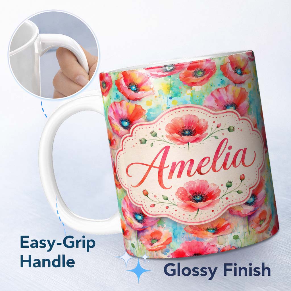 Personalized Custom Name Vibrant Artistic Poppy Flowers with Color Splash Seamless Pattern 11oz Ceramic Coffee Tea Mug White Large Handle