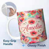 Personalized Custom Name Vibrant Artistic Poppy Flowers with Color Splash Seamless Pattern 11oz Ceramic Coffee Tea Mug White Large Handle