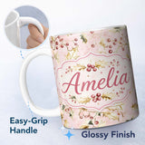 Personalized Custom Name Elegant Gold Holly Berry Pink Background Seamless Pattern Lovely 11oz Ceramic Coffee Tea Mug White Large Handle