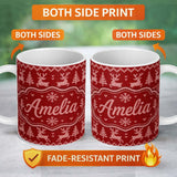 Personalized Custom Name RedNordic Knit Heart Snowflake Pattern Christmas Sweater Style 11oz Ceramic Coffee Tea Mug White Large Handle