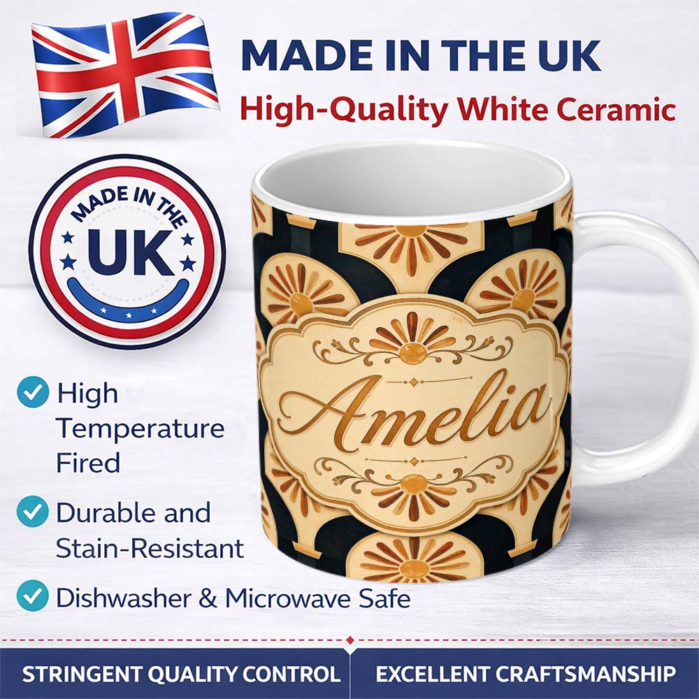 Personalized Custom Name Sunburst Arch Art Deco Vintage Seamless Pattern Perfect Gift for Her 11oz Ceramic Coffee Tea Mug White Large Handle