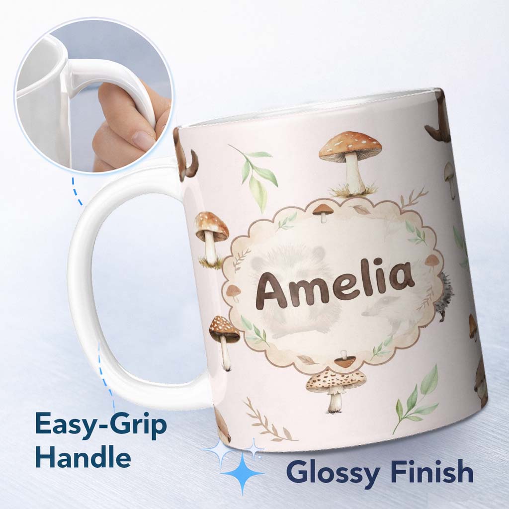 Personalized Custom Name Woodland Hedgehog with Mushrooms Leaves Soft Pink Seamless Pattern 11oz Ceramic Coffee Tea Mug White Large Handle