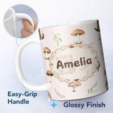 Personalized Custom Name Woodland Hedgehog with Mushrooms Leaves Soft Pink Seamless Pattern 11oz Ceramic Coffee Tea Mug White Large Handle