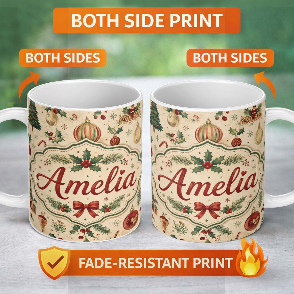 Personalized Custom Name Vintage Christmas Baubles Holly Leaves Pine Branches and Festive 11oz Ceramic Coffee Tea Mug White Large Handle