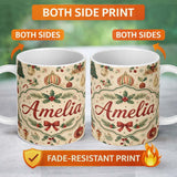 Personalized Custom Name Vintage Christmas Baubles Holly Leaves Pine Branches and Festive 11oz Ceramic Coffee Tea Mug White Large Handle