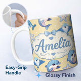 Personalized Custom Name Cute Dolphins Stingrays and Starfish Ocean Animals Seamless Pattern 11oz Ceramic Coffee Tea Mug White Large Handle