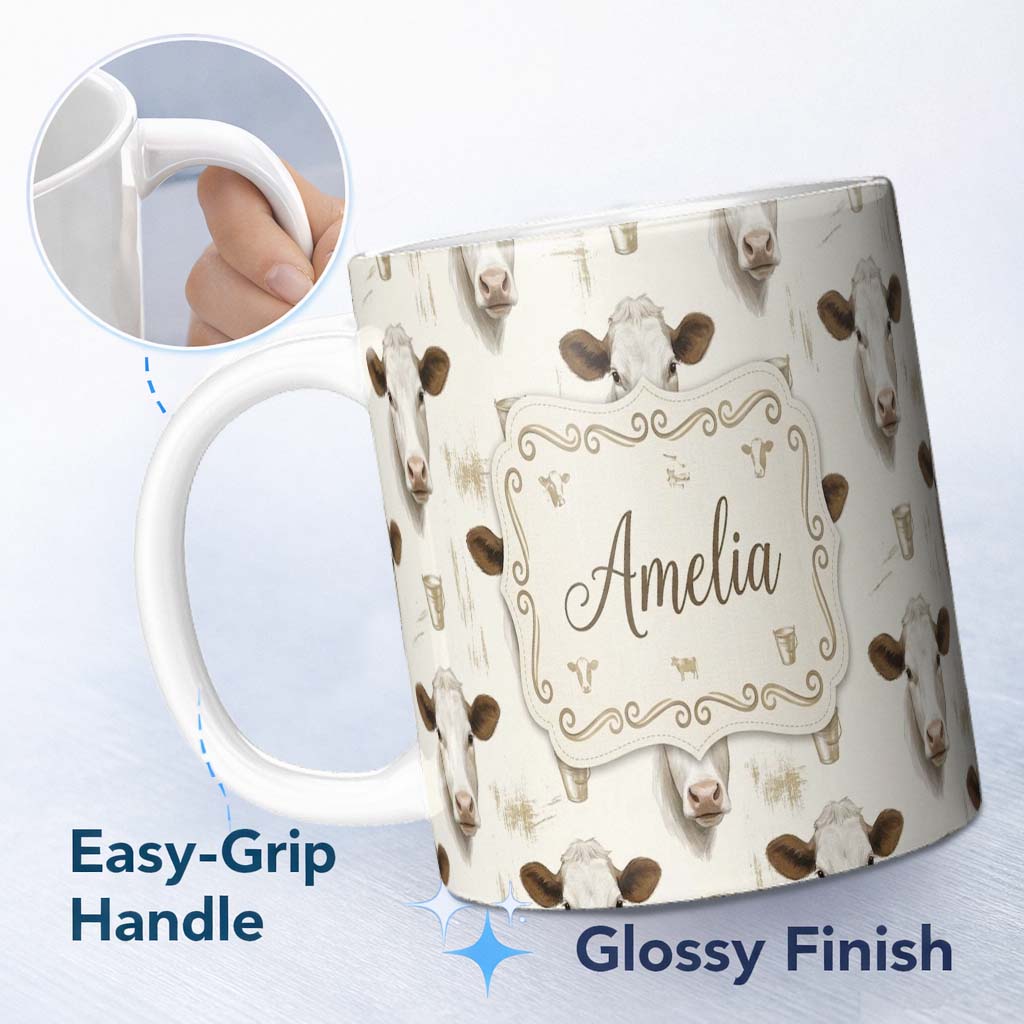 Personalized Custom Name Soft Painted Calf Cow Portrait Neutral Background Seamless Pattern 11oz Ceramic Coffee Tea Mug White Large Handle
