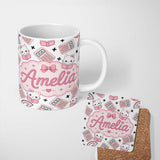 Personalized Custom Name Cute Kawaii Maths Cat Calculator Ruler Seamless Pattern White Lovely 11oz Ceramic Coffee Tea Mug White Large Handle
