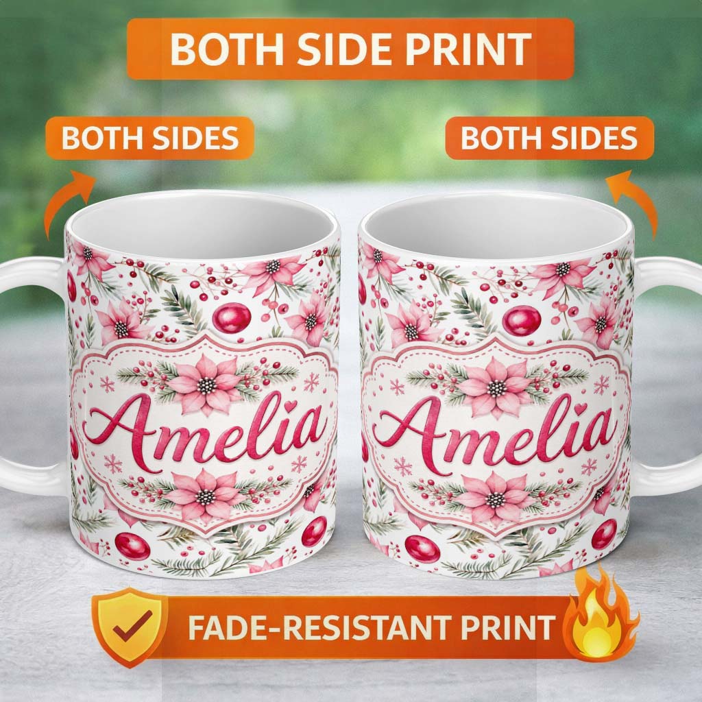 Personalized Custom Name Watercolor Pink Red Berries Pine Leaves Christmas Seamless Pattern 11oz Ceramic Coffee Tea Mug White Large Handle