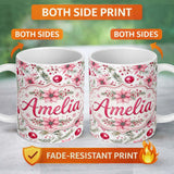 Personalized Custom Name Watercolor Pink Red Berries Pine Leaves Christmas Seamless Pattern 11oz Ceramic Coffee Tea Mug White Large Handle