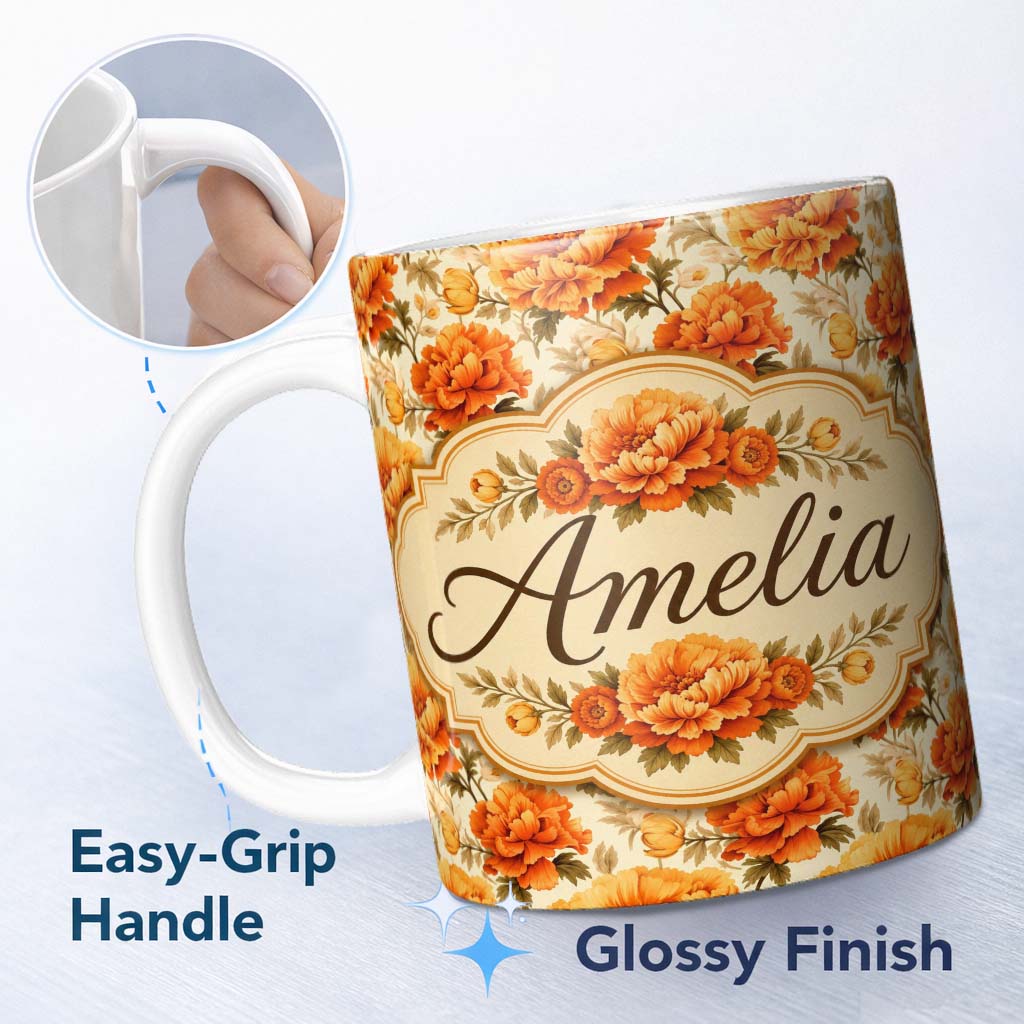 Personalized Custom Name Large Orange and Cream Chrysanthemum Floral Seamless Pattern Bold 11oz Ceramic Coffee Tea Mug White Large Handle
