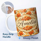 Personalized Custom Name Large Orange and Cream Chrysanthemum Floral Seamless Pattern Bold 11oz Ceramic Coffee Tea Mug White Large Handle