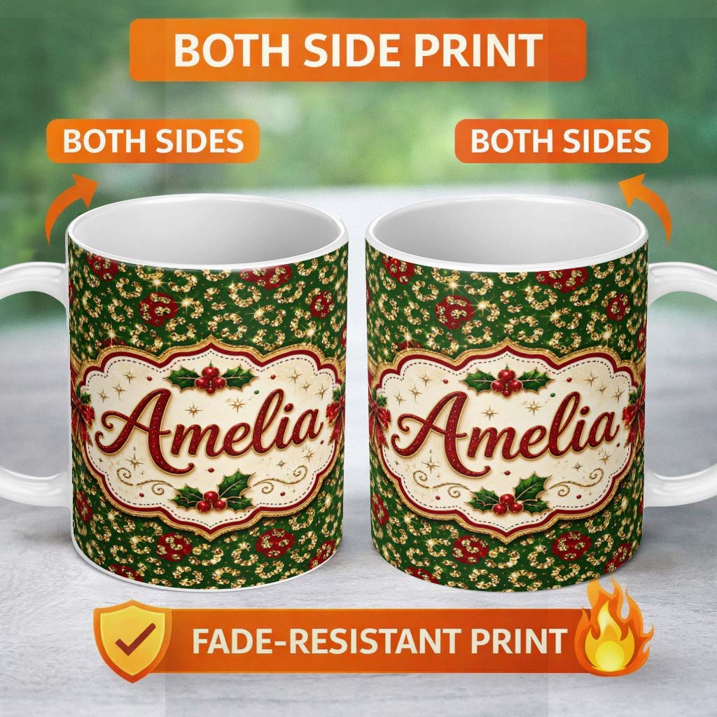 Personalized Custom Name Gold Leopard Print Glitter Christmas Seamless Pattern Lovely 11oz Ceramic Coffee Tea Mug White Large Handle