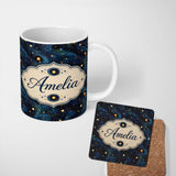 Personalized Custom Name Blue Swirling Starfield Galaxy Space Seamless Pattern Night Cosmic 11oz Ceramic Coffee Tea Mug White Large Handle