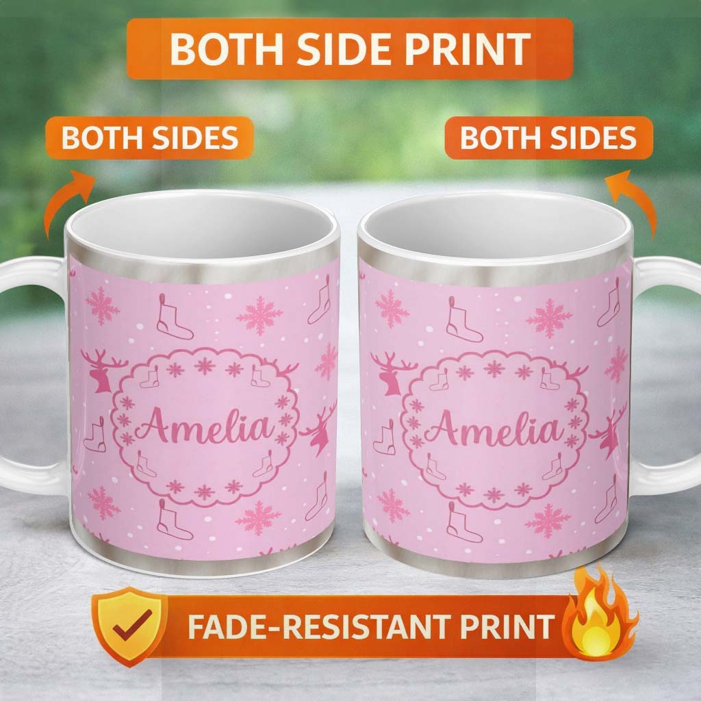 Personalized Custom Name Cute Reindeer Snowflake Christmas Stocking Pink Seamless Pattern 11oz Ceramic Coffee Tea Mug White Large Handle