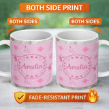 Personalized Custom Name Cute Reindeer Snowflake Christmas Stocking Pink Seamless Pattern 11oz Ceramic Coffee Tea Mug White Large Handle