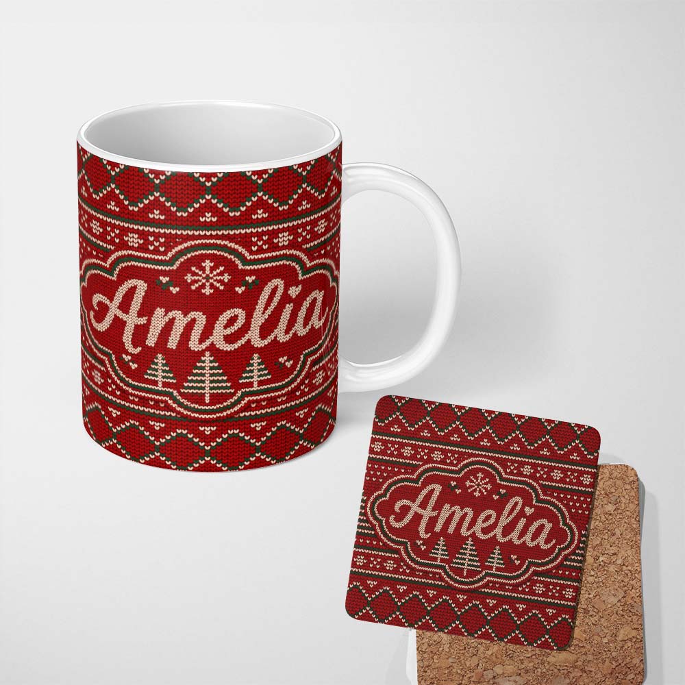 Personalized Custom Name Cute Red Heart Christmas Tree Festive Nordic Knitted Seamless Lovely 11oz Ceramic Coffee Tea Mug White Large Handle