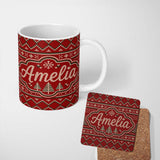 Personalized Custom Name Cute Red Heart Christmas Tree Festive Nordic Knitted Seamless Lovely 11oz Ceramic Coffee Tea Mug White Large Handle