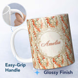 Personalized Custom Name Warm Orange Floral Stripe Pattern on Light Neutral Background Lovely 11oz Ceramic Coffee Tea Mug White Large Handle